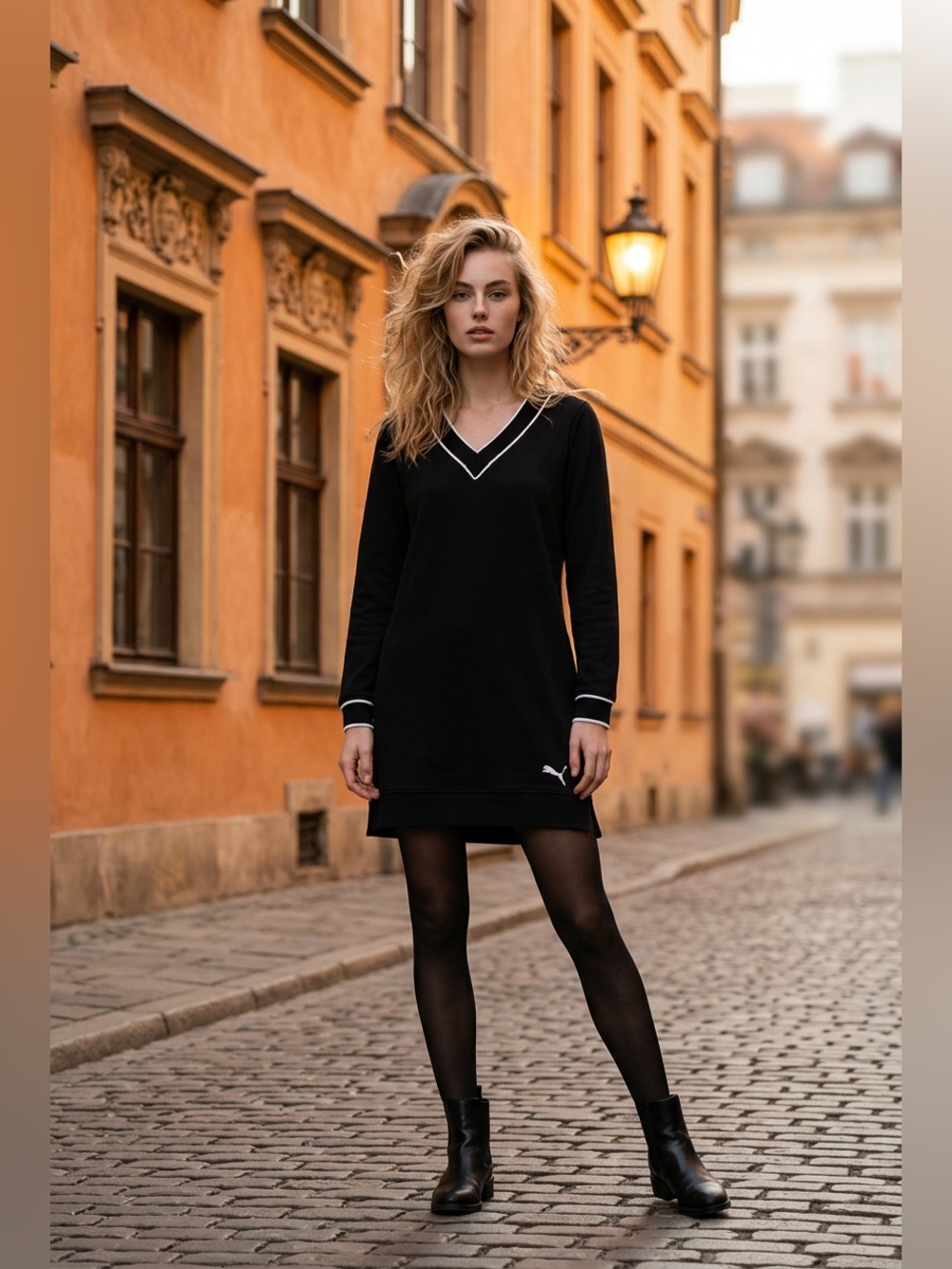 PUMA Black Vintage Sport Long Sleeve Dress V-Neck Athletic Sweatshirt Womens XS